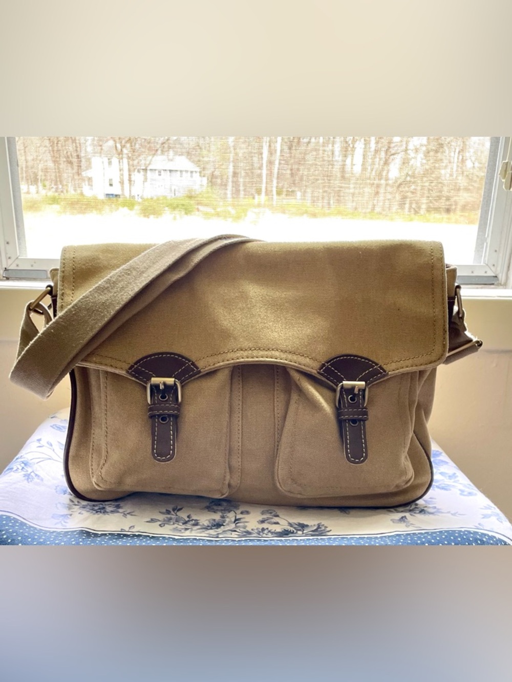 Etienne Aigner Tan Canvas Messenger Bag with Dark Brown Trim